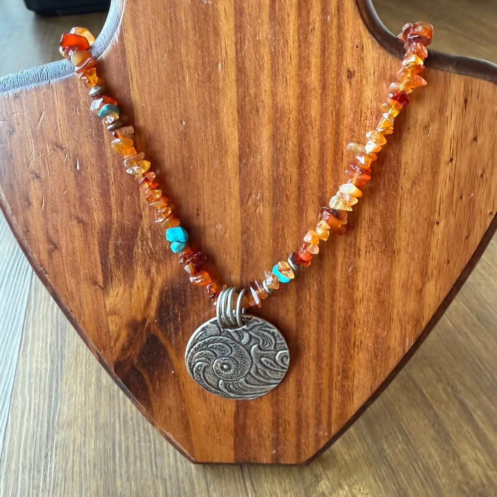 Peyote Bird Free Spirit Necklace Carnelian Orange Turquoise Silver Pendant CWC - Picture 2 of 10